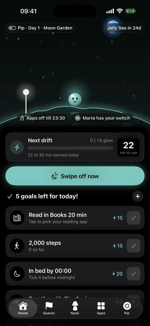 Swipoff's Home tab: Pip standing on Moon Garden, 22 minutes to use, and today's goals.