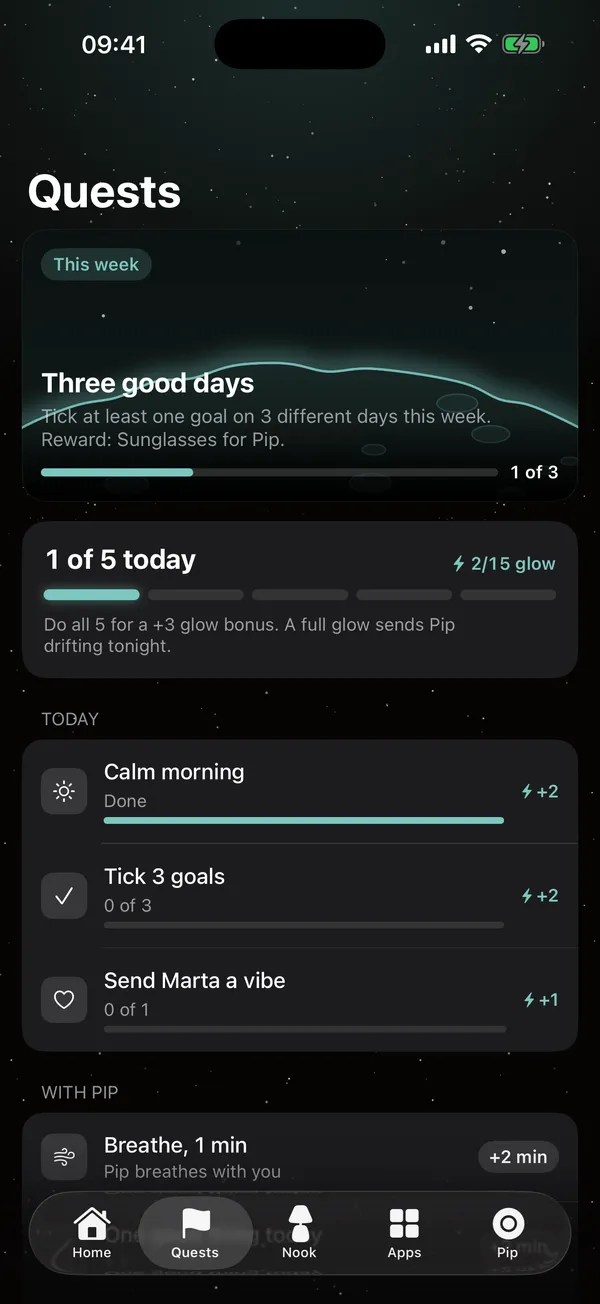 Quests: three good days this week, and today's goals like calm morning and breathe with Pip.